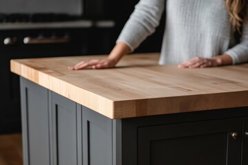 A modern kitchen island with a butcher block top and dark gray cabinets.
