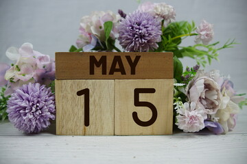 Wooden Calendar Showing the Date of May 15th. Day 15 of May month