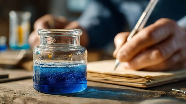Glass Jar with Blue Liquid on Wooden Table in Scientific Setting