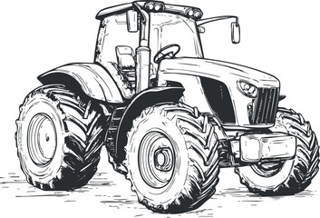 Black and white sketch illustration of a modern farm tractor used for agricultural work and heavy field operations