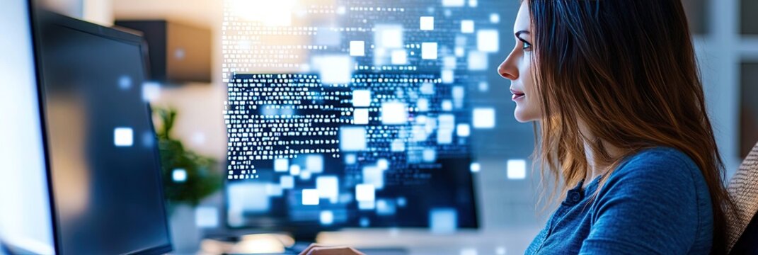A woman sitting at her desk, working on a computer with code and white squares floating around in the background.