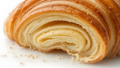 Close-up of a croissant with flaky layers and golden crust, soft lighting, isolated on a pure white background