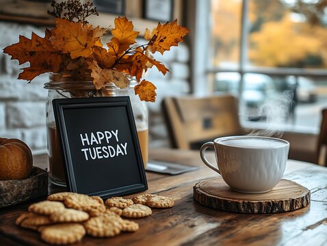 Cozy autumn morning with coffee and cookies by rustic window.