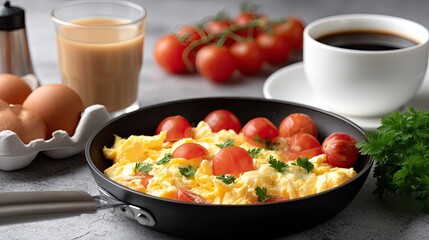 Fluffy scrambled eggs, fresh tomatoes, coffee, and orange juice set up for a healthy breakfast in a bright kitchen
