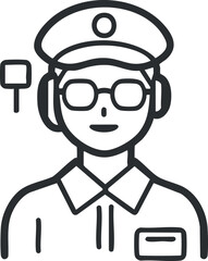 Obraz premium Black and white line icon of a male police officer wearing a uniform cap glasses and headset