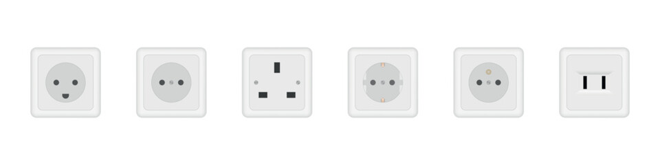 Electric power sockets with different types of plug cord. Vector isolated type C and A, B and L, usb standard ports for devices charging and appliances, electronic equipment connectors