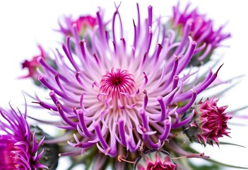 Close-up of a thistle flower, isolated on white, sharp, colorful