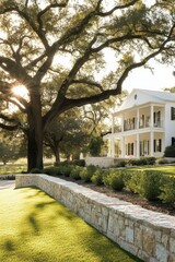 Elegant white house surrounded by greenery under the warm glow of the setting sun, showcasing beautiful landscaping and tall trees in the foreground
