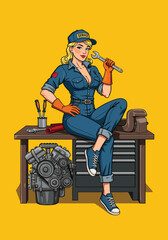 Adobe Illustrator Artwork Confident blonde pinup mechanic in overalls, holding a wrench, rendered in a bold flat vector pop art style against a vibrant yellow backdrop