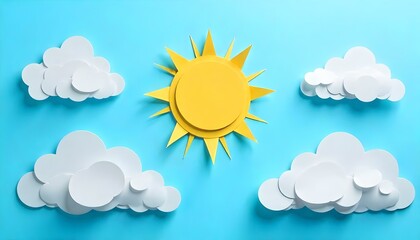 Top view of paper cut clouds and sun on blue background, panoramic shot