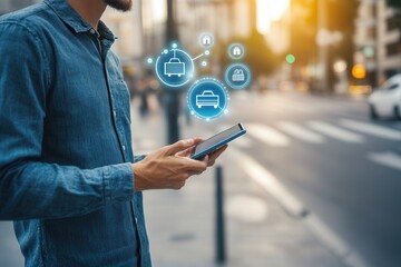 Young man using smartphone on city street with digital icons representing services