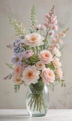 Pastel watercolor floral arrangement in a glass vase, subtle color palette , visual art, pretty, artistic