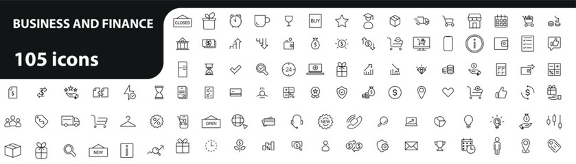 Finance and business line icons collection. Contains such icons as Money, Wallet, Currency Exchange, Banking, Finance.