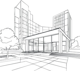 Black and white line drawing of a modern urban office building with glass facade and surrounding landscape
