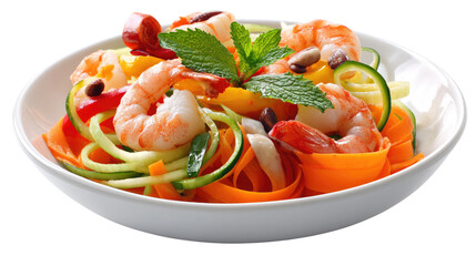 Fresh Seafood Salad Delight: A vibrant seafood salad, featuring succulent shrimp and an array of fresh, colorful vegetables, is artfully presented in a pristine bowl. 