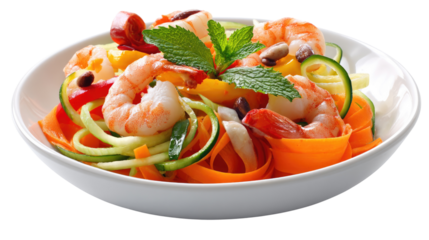 Fresh Seafood Salad Delight: A vibrant seafood salad, featuring succulent shrimp and an array of fresh, colorful vegetables, is artfully presented in a pristine bowl. 