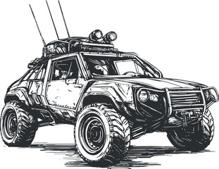 Black and white detailed sketch of an offroad 4x4 vehicle designed for rugged outdoor adventures and exploration. © vadymstock