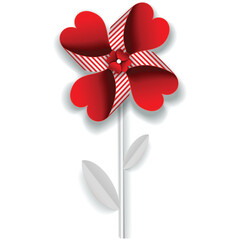 Red flower pinwheel vector. Origami wind mill. Paper toy windmill fan with rotate petal blade icon isolated on white background