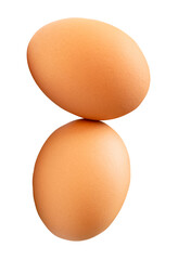 Two fresh brown chicken eggs in stack isolated on white background with clipping path