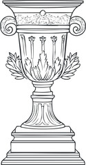 Black and white line illustration of an ornate classical decorative vase or urn with floral and leaf patterns on a pedestal
