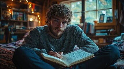 Young man writing in a notebook, cozy interior