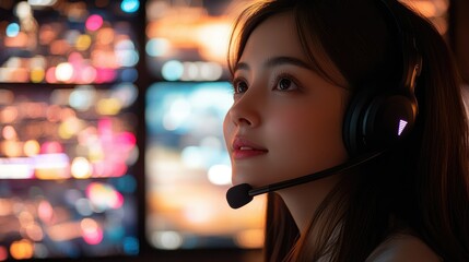 Young woman gaming in a dimly lit room with headphones