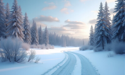 high detailed painting effect beautiful landscape winter road in the forest
