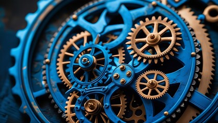 Blue And Gold Cogwheels Clockwork Gears Machinery Steampunk Mechanical Design
