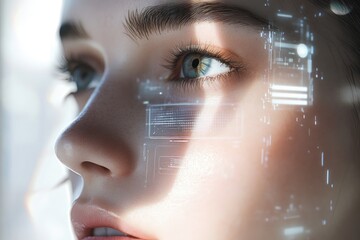 Close-up of a woman's eye with futuristic digital interface overlay, showcasing technological advancement and human connection.