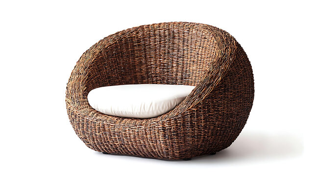 A wicker chair with a white cushion sits on a white background