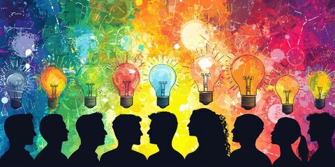 A vector of a brainstorming session with a diverse team, showing creative minds coming together with lightbulb icons.