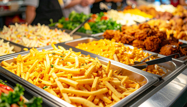 Self-serve buffet with a selection of unhealthy American food. AI