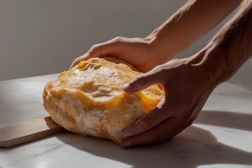 Close-up shot of hands kneading a lump of dough on a white marble surface with soft, natural light.
