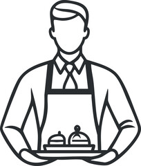 Line art illustration of a waiter in apron and tie holding a tray with covered dishes serving food in a restaurant.