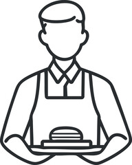 Obraz premium Outline icon of a male waiter wearing apron holding a plate with burger food in restaurant
