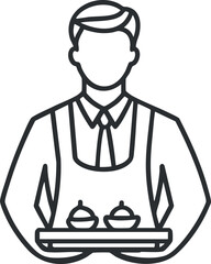 Line icon of a male waiter holding a tray with two covered dishes, representing restaurant service