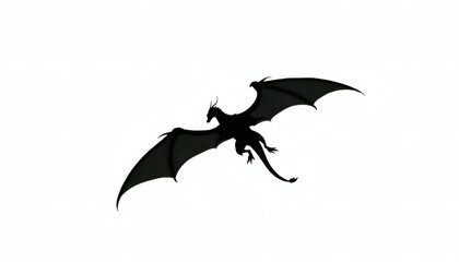 Majestic Silhouette of Dragon Flying with Wings Extended on Clean White Background for Fantasy and Mythical Designs