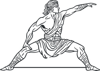 Illustration of a muscular ancient warrior in a heroic battle stance pointing forward