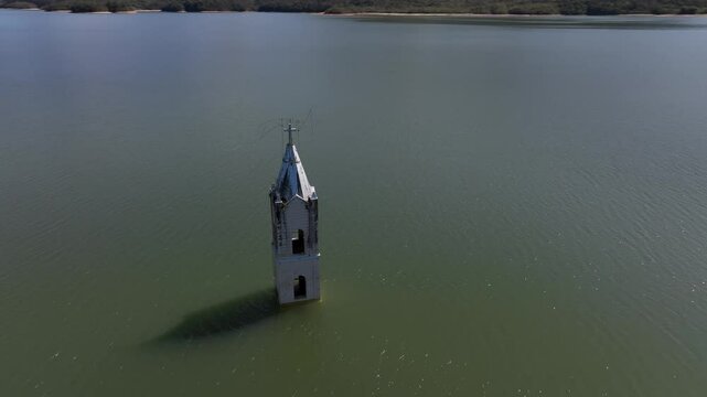 Submerged church tower in Sideropolis, Nova Veneza, Santa Catarina. Flooded church. Aerial view.