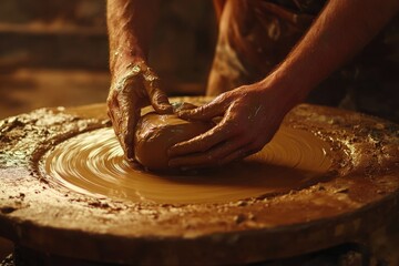 A potter's hands skillfully shape a lump of clay on a spinning wheel, creating a beautiful piece of art.