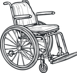 Black and white sketch of a manual wheelchair showing detailed wheels, seat, armrests, and footrest for mobility aid.