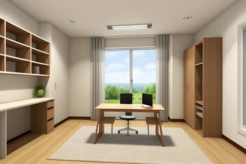 Obraz premium A Minimalist Home Office Setup or Study room design for Focused Work. This image showcases a clean and bright minimalist home office featuring a white desk, ergonomic chair, ample natural lights.