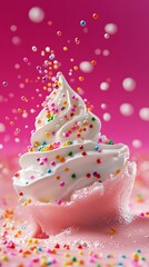 Fototapeta premium Vibrant birthday cake dessert with candy sprinkles and vanilla cream