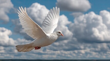 Fototapeta premium A white dove soars through the dreamy pastel blue sky, embodying peace and tranquility against soft white clouds