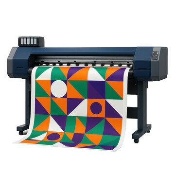 Wide format industrial printer creating a lengthy sheet displaying a vibrant and bold geometric abstract artwork.
