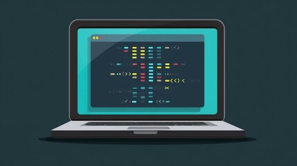 Laptop displaying colorful coding interface.