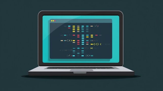 Laptop displaying colorful coding interface.