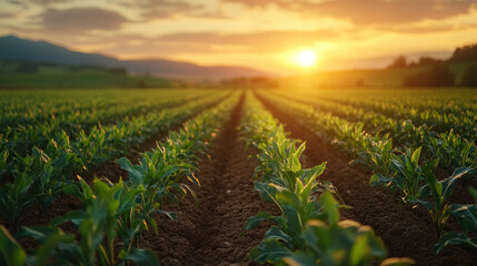 modern weather-based irrigation system spraying crops during golden hour