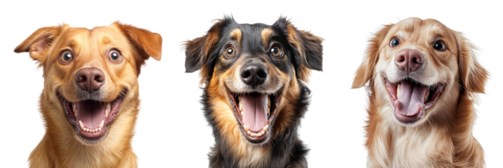 Three joyful dogs with wide smiles, full of excitement and happiness, isolated on transparent background