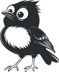 Black and white cartoon illustration of a cute bird with big eyes standing and looking sideways
